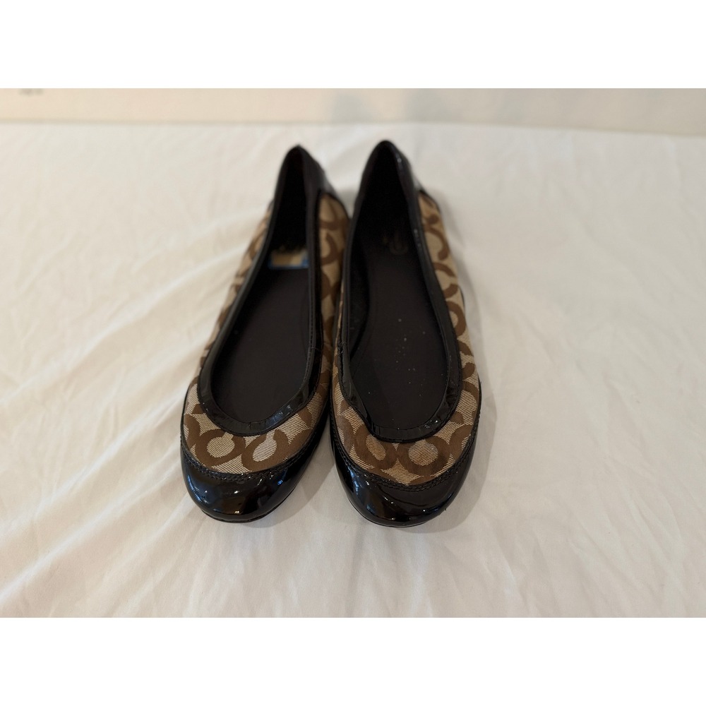 Coach Brown Signature Monogram Patent Leather Trim Ballet Flats Shoes